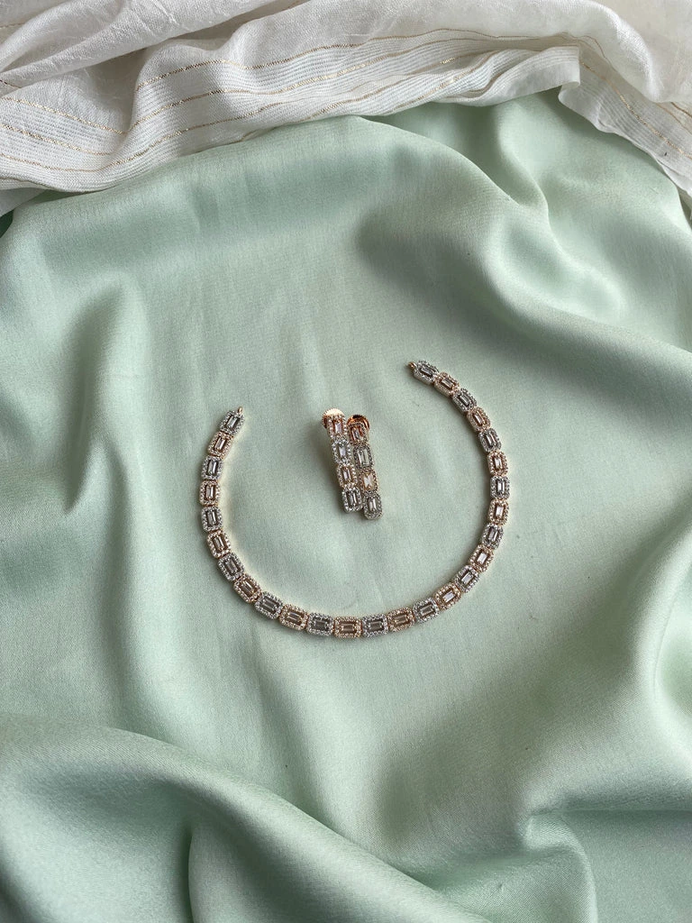 Dual Toned Zirconium Necklace with earrings